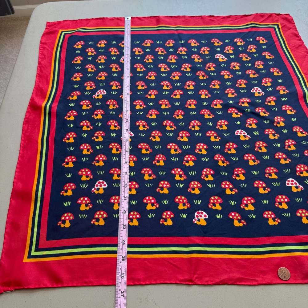 Vtg Echo Mushroom Silk Scarf Red Navy Cottagecore Fairy whimsy 70s retro Fungi - Picture 10 of 11